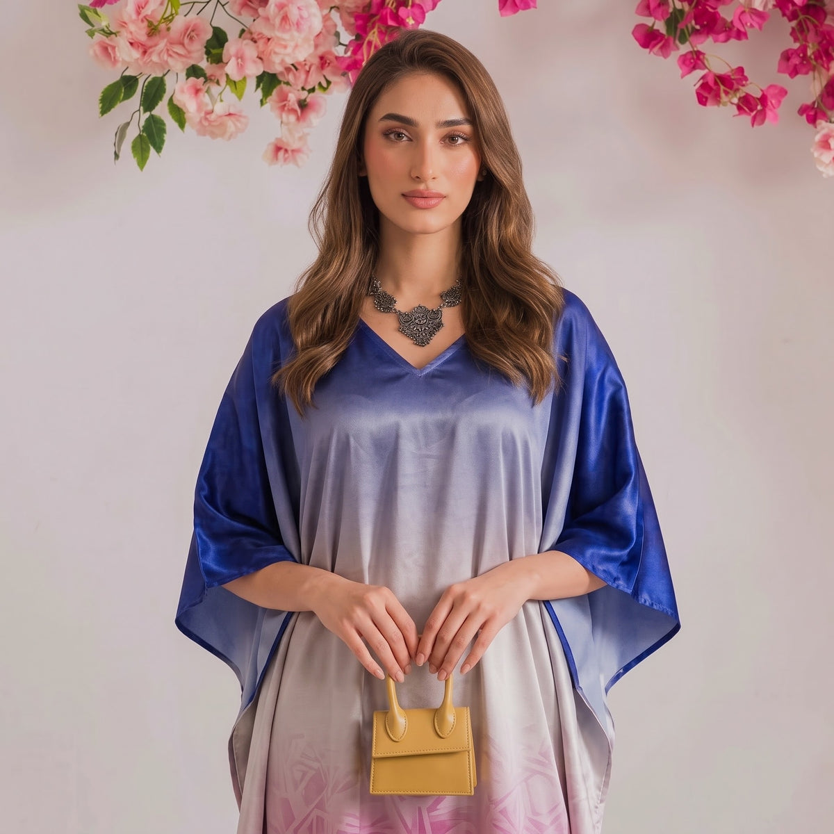 Ishani Kaftan – close-up of the multicolor abstract floral print