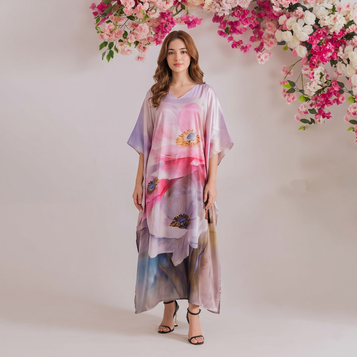 Kavya Kaftan – coral & blush floral print, front view