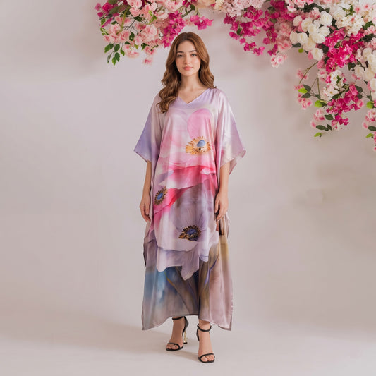 Kavya Kaftan – coral & blush floral print, front view