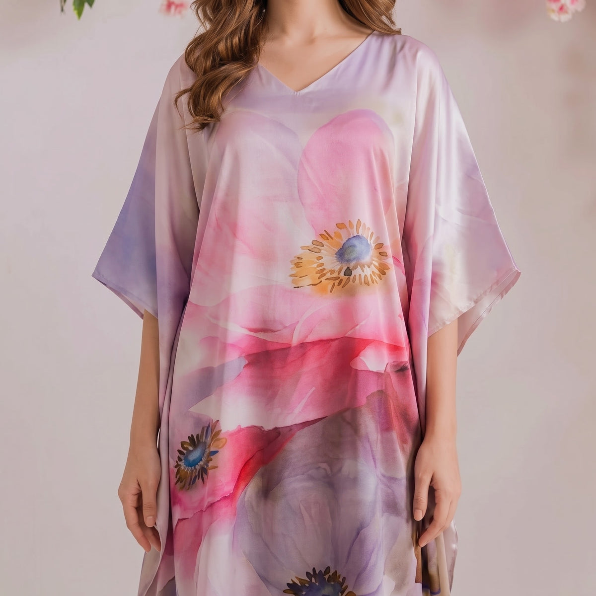 Kavya Kaftan – close-up of the coral & blush floral print