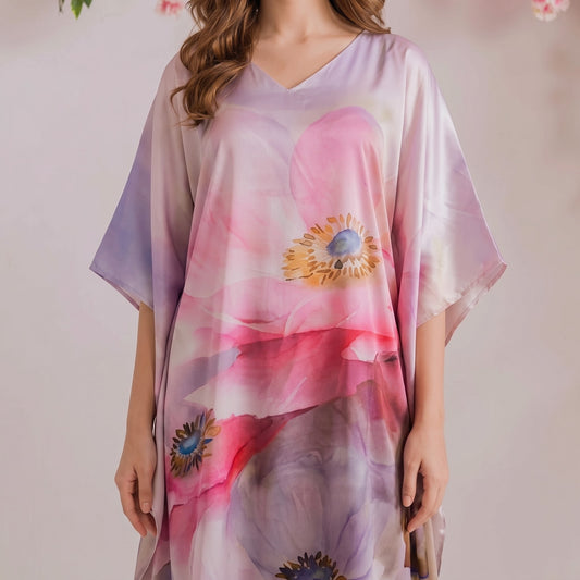 Kavya Kaftan – close-up of the coral & blush floral print