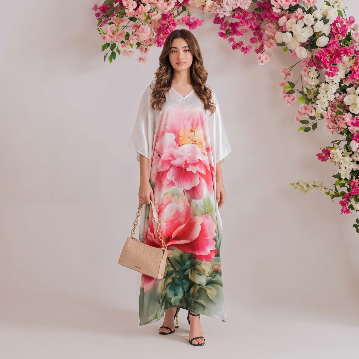 Anika Kaftan – multicolor abstract floral print, front view
