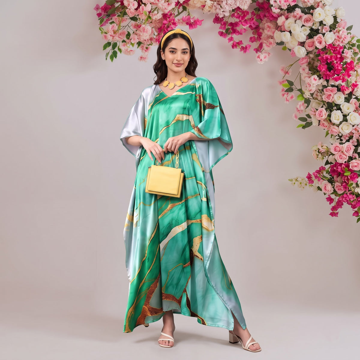 Layla Kaftan – sage green floral print, front view