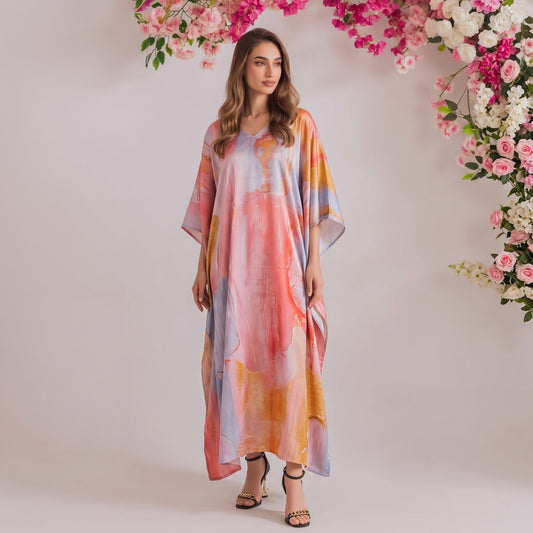 Farah Kaftan – blush pink floral print, front view