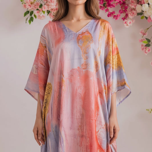 Farah Kaftan – close-up of the blush pink floral print