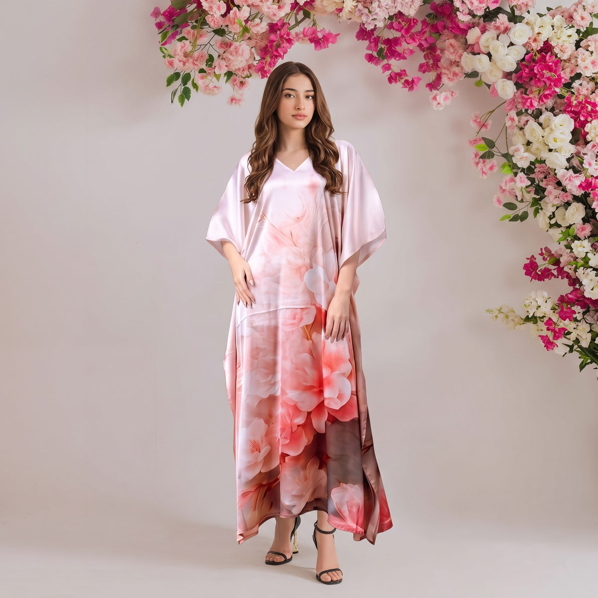 Alina Kaftan – blush pink floral print, front view