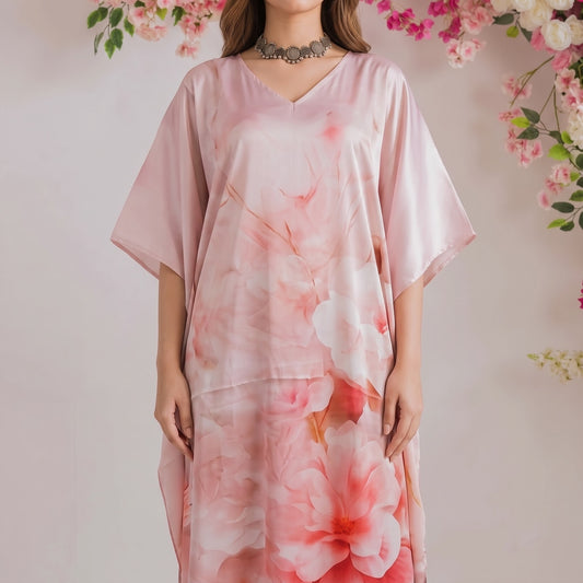 Alina Kaftan – close-up of the blush pink floral print