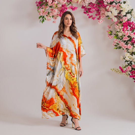 Elisa Kaftan – rust orange floral print, front view