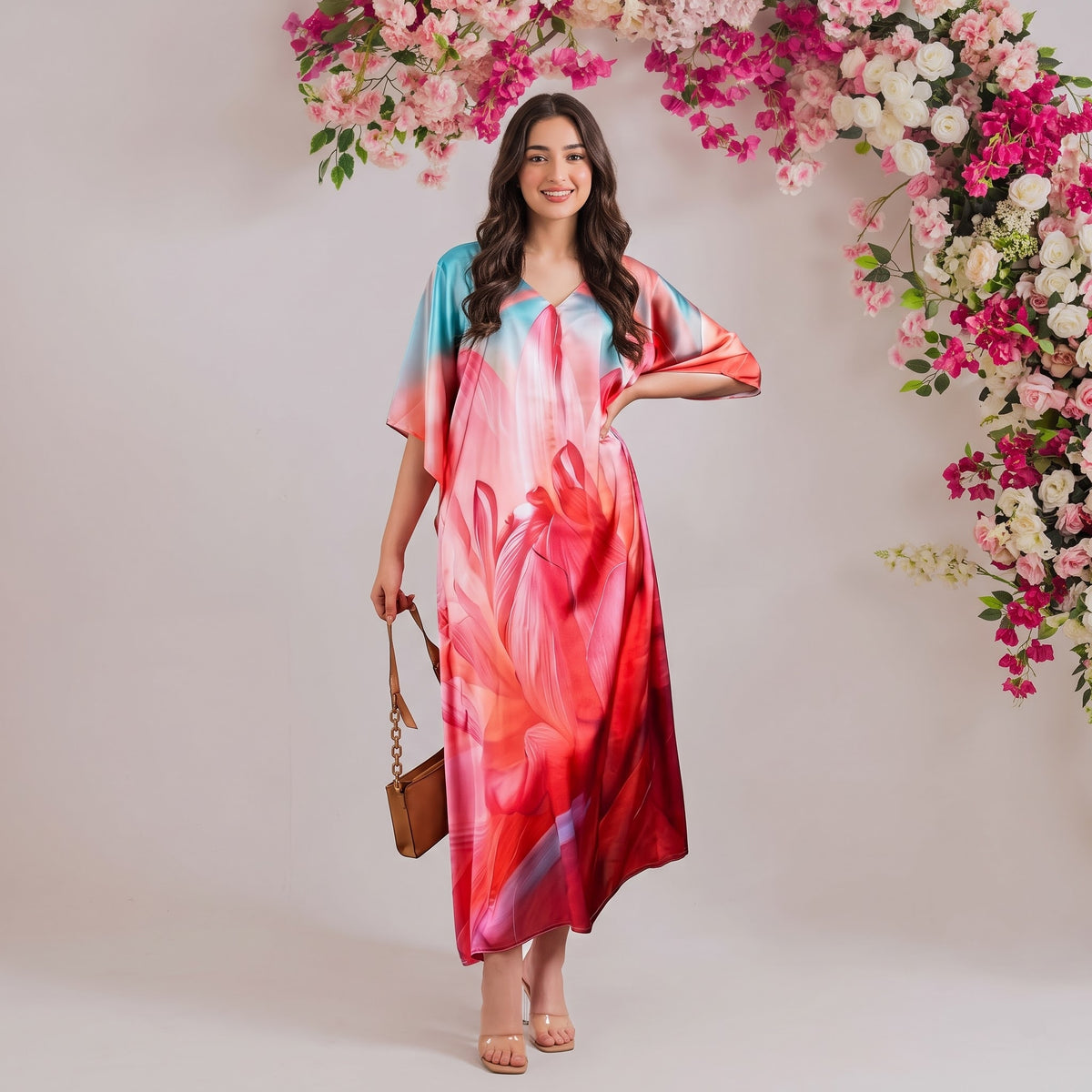 Noor Kaftan – rose pink floral print, front view