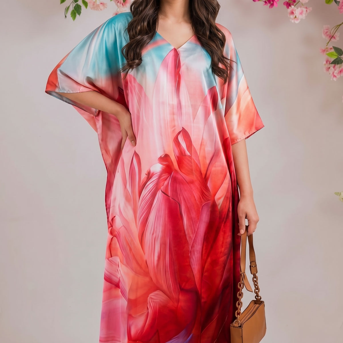 Noor Kaftan – close-up of the rose pink floral print