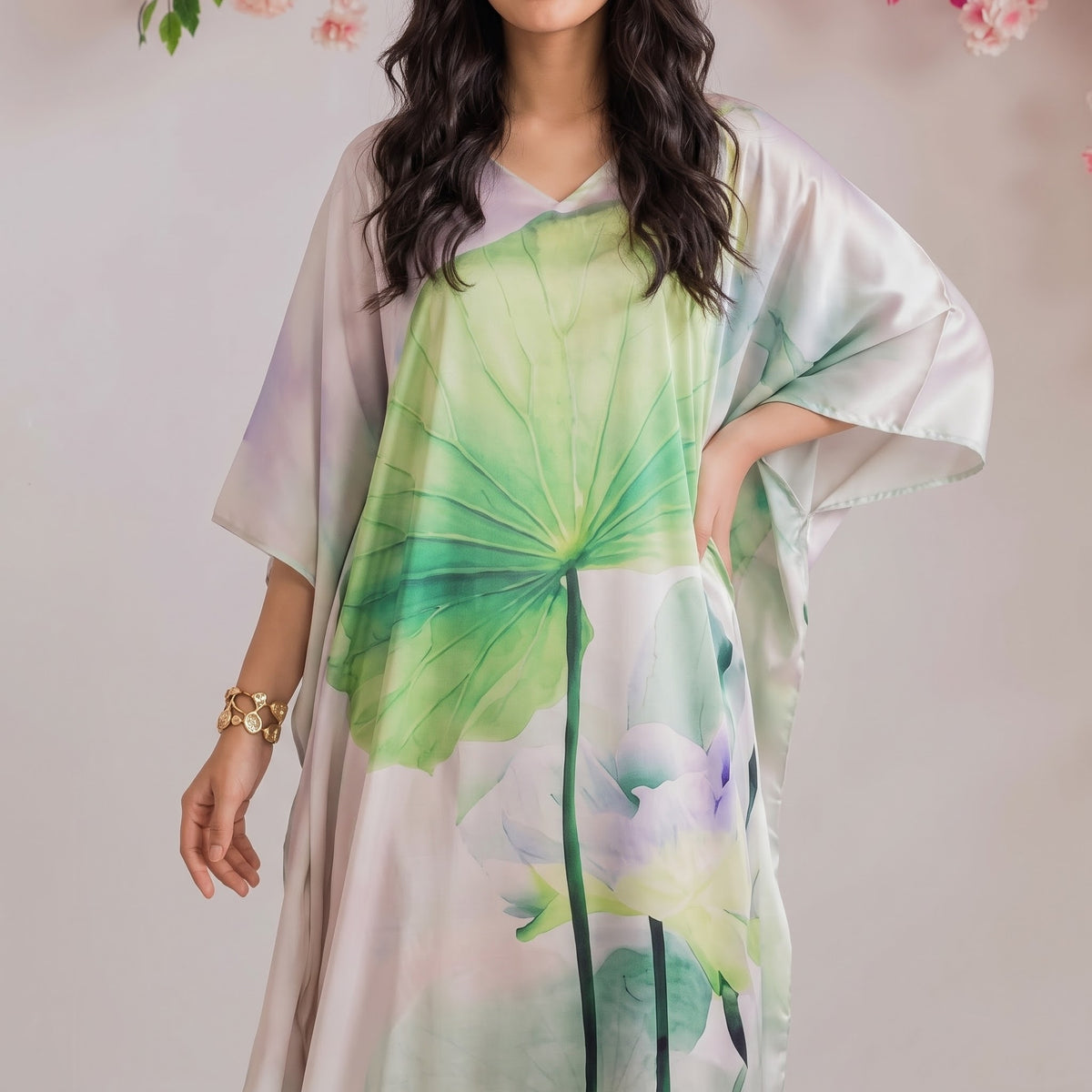 Sarai Kaftan – close-up of the lavender floral print