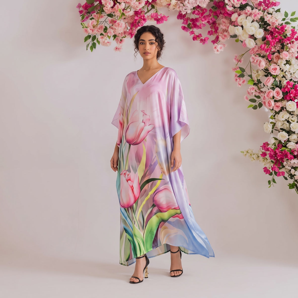 Yara Kaftan – blush pink floral print, front view