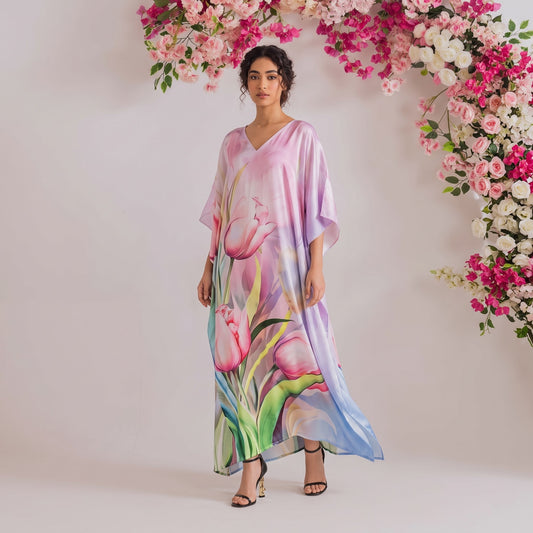 Yara Kaftan – blush pink floral print, front view