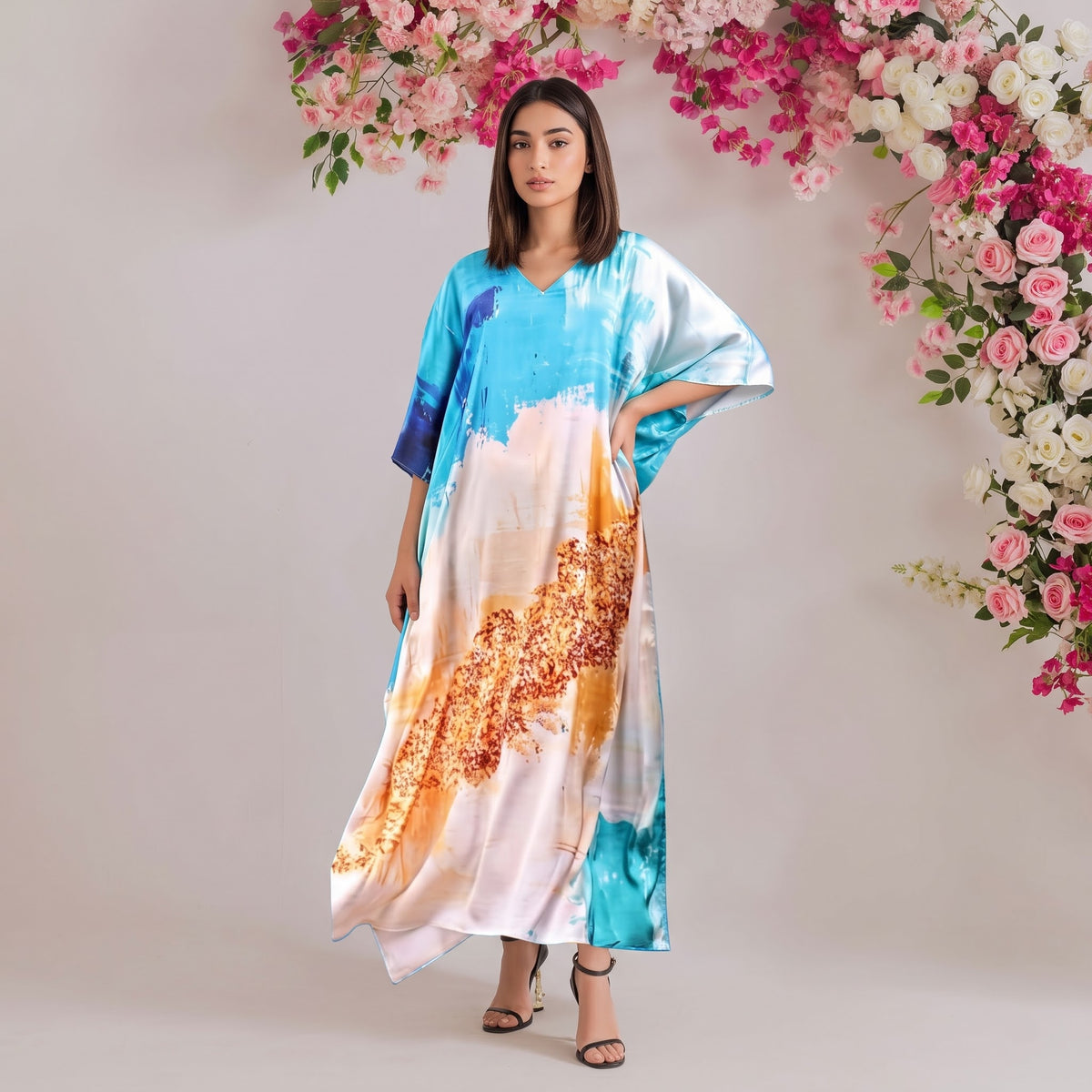 Lyra Kaftan – lavender floral print, front view