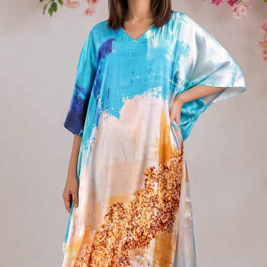 Lyra Kaftan – close-up of the lavender floral print