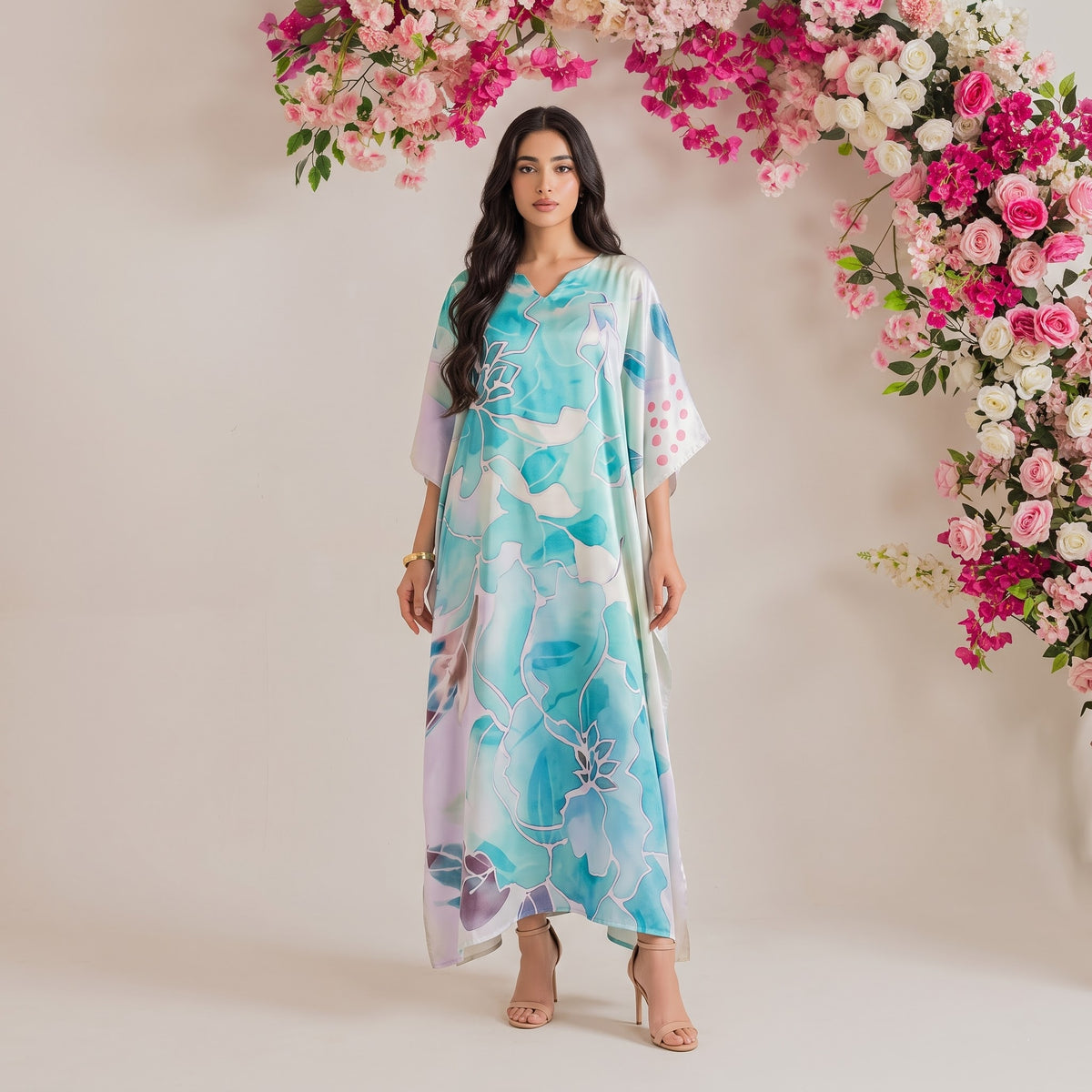Nora Kaftan – lavender floral print, front view