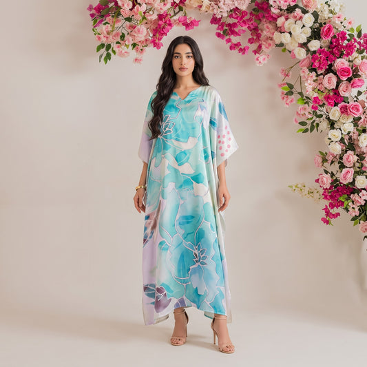 Nora Kaftan – lavender floral print, front view