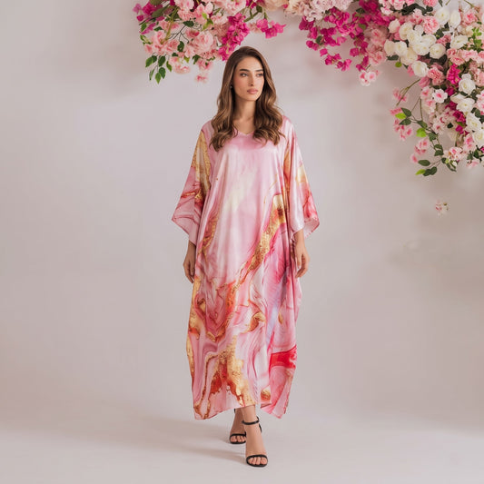 Vira Kaftan – rose pink floral print, front view