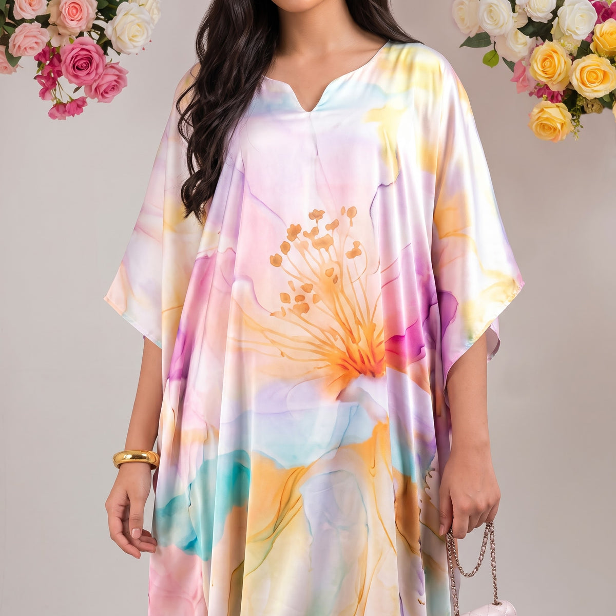 Roshni Kaftan – close-up of the blush pink floral print