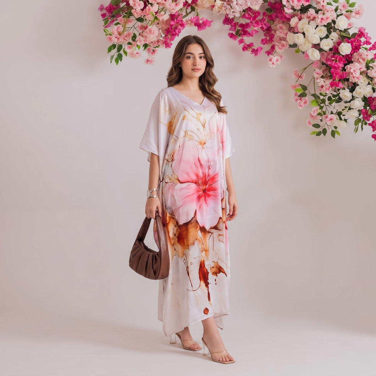 Inaya Kaftan – blush pink floral print, front view