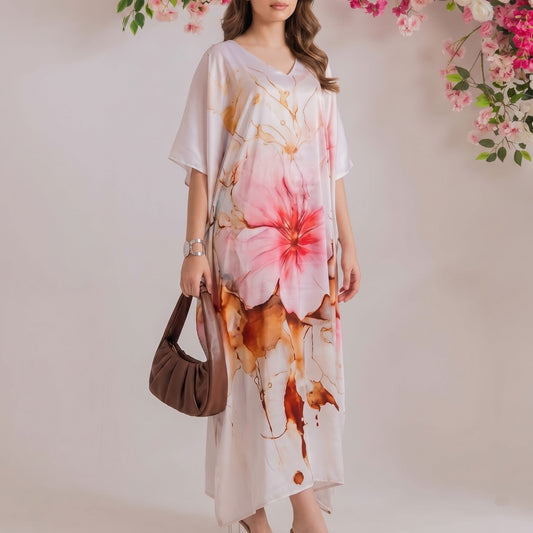 Inaya Kaftan – close-up of the blush pink floral print