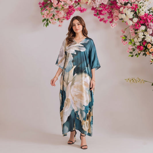 Zara Kaftan – ivory & blue floral print, front view
