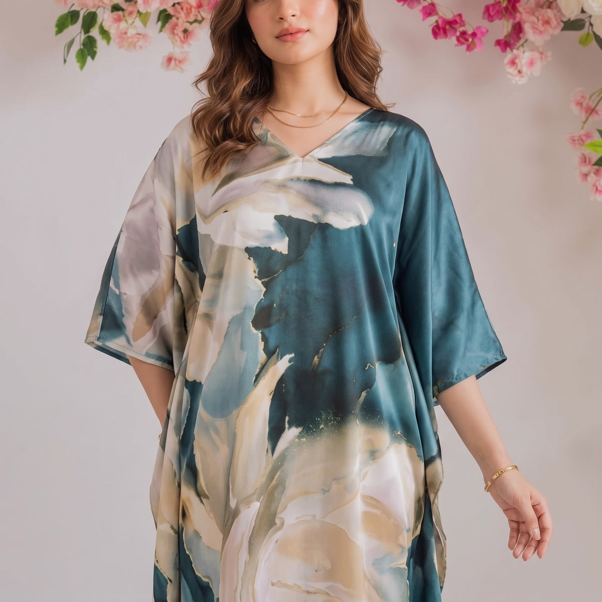 Zara Kaftan – close-up of the ivory & blue floral print