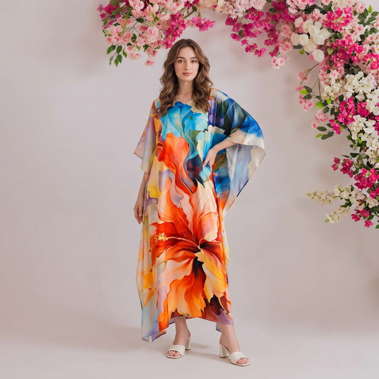 Meher Kaftan – teal & coral floral print, front view