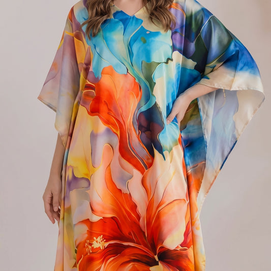 Meher Kaftan – close-up of the teal & coral floral print