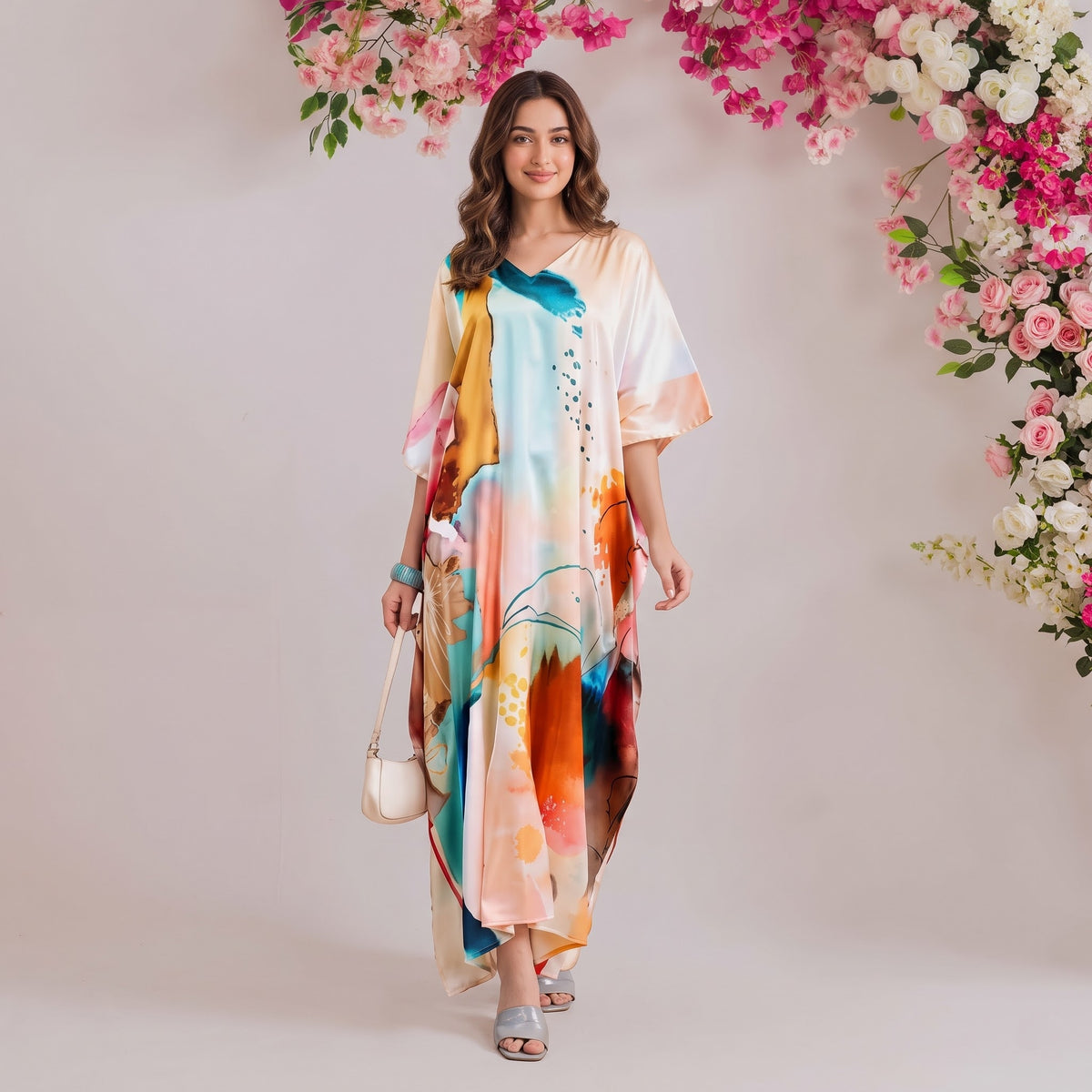 Alara Kaftan – coral & teal floral print, front view