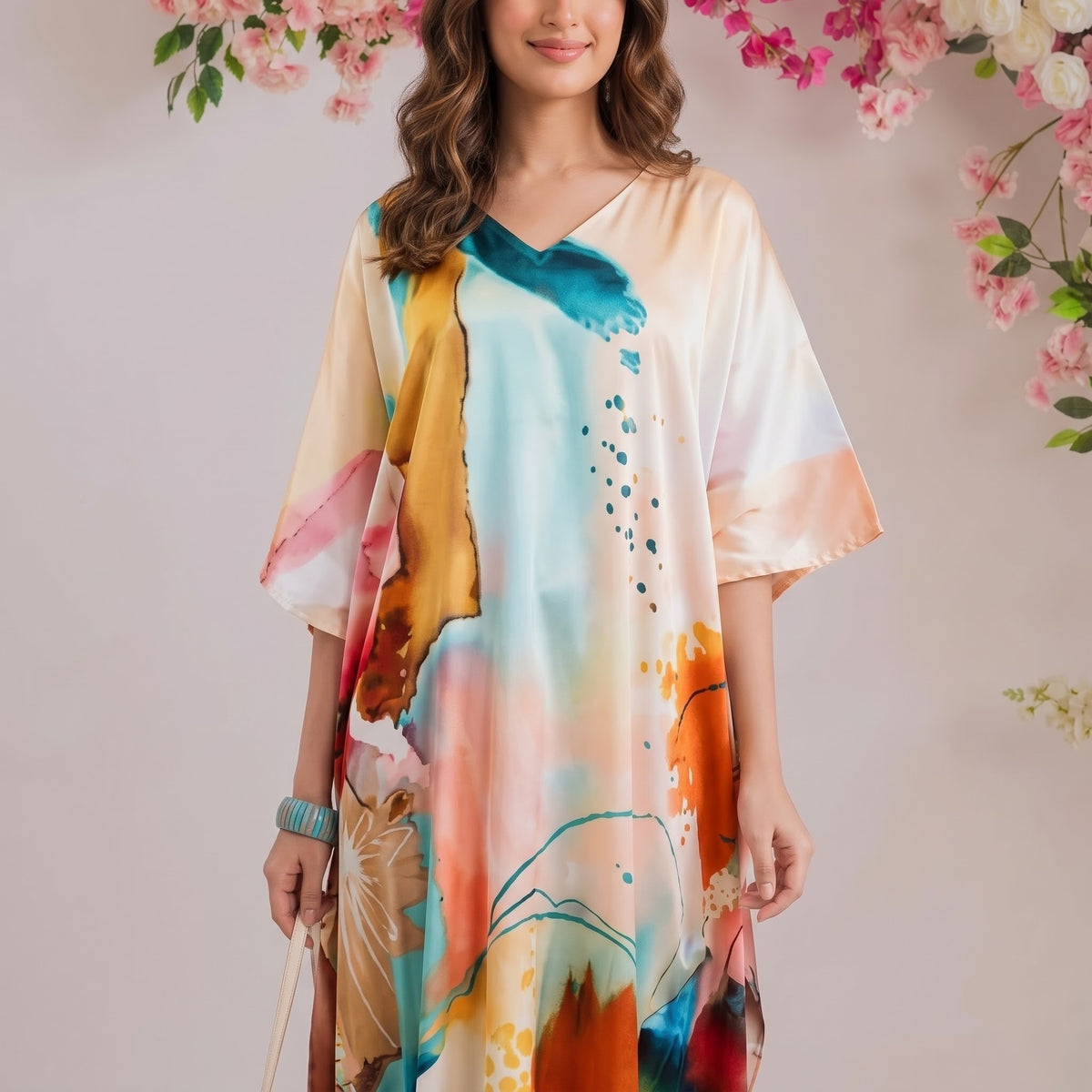 Alara Kaftan – close-up of the coral & teal floral print