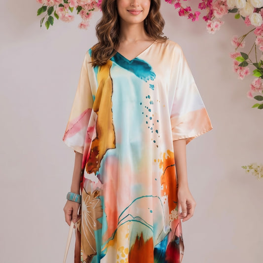 Alara Kaftan – close-up of the coral & teal floral print