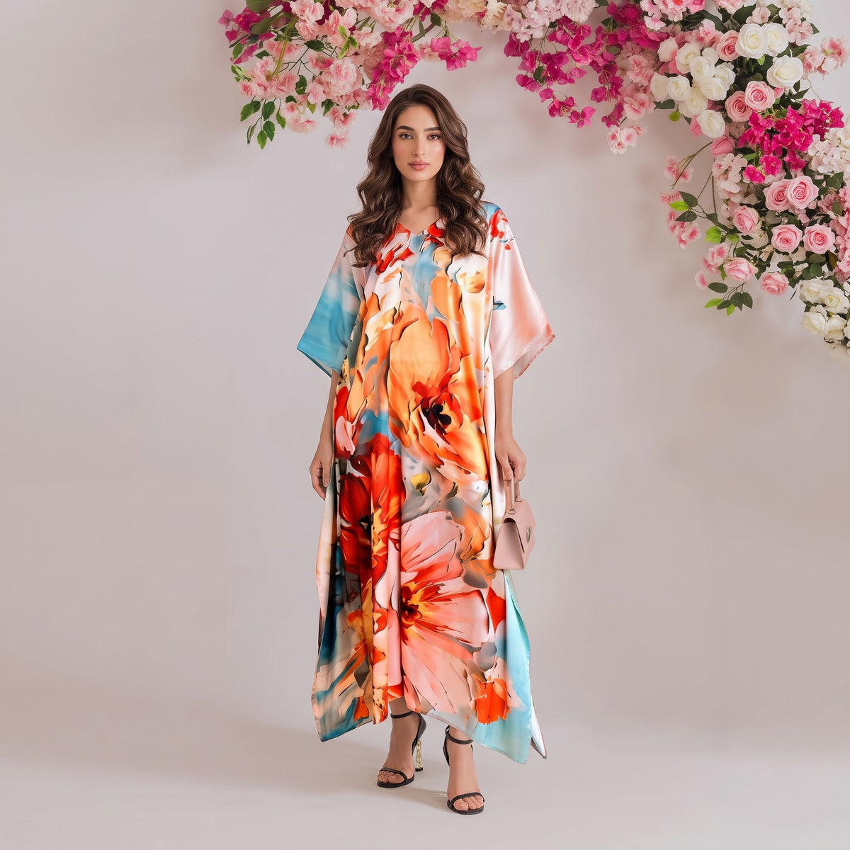 Amira Kaftan – rose pink floral print, front view