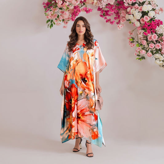 Amira Kaftan – rose pink floral print, front view
