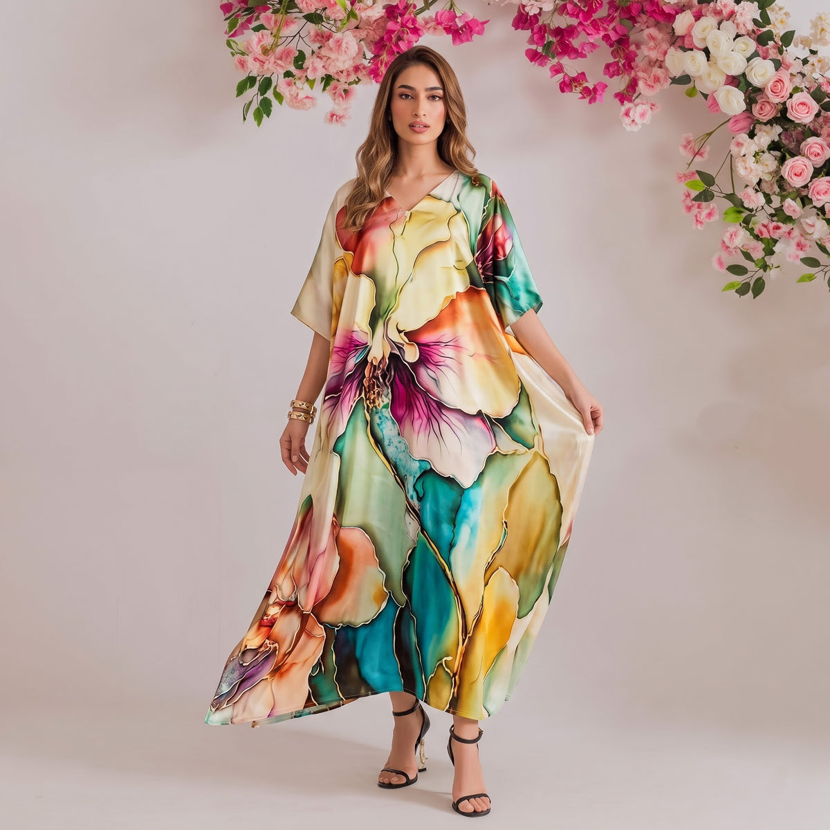 Nira Kaftan – golden multicolor floral print, front view