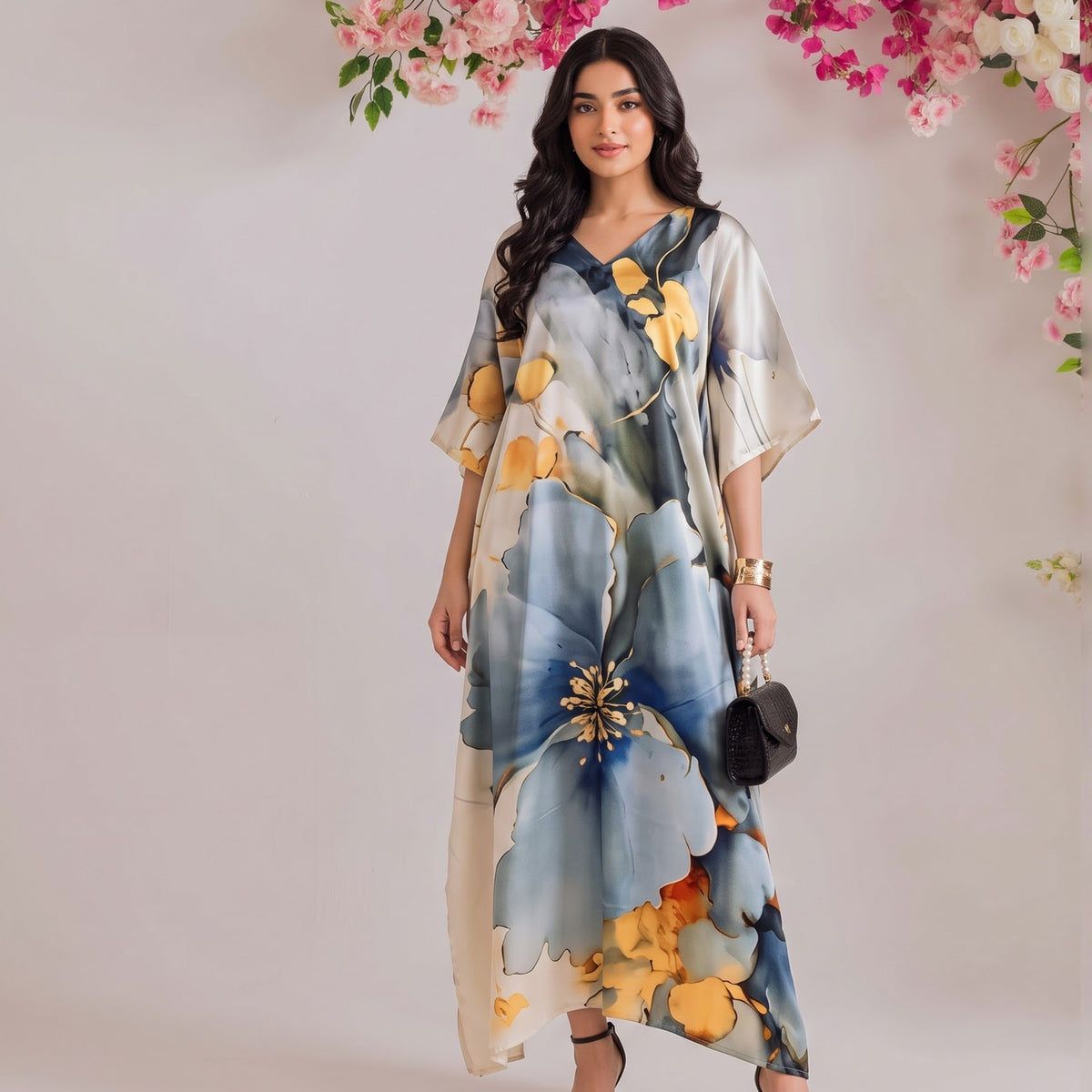 Kyra Kaftan – sky blue floral print, front view