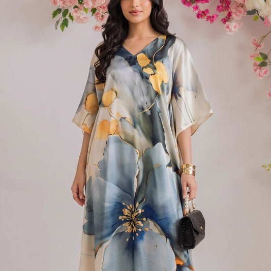 Kyra Kaftan – close-up of the sky blue floral print