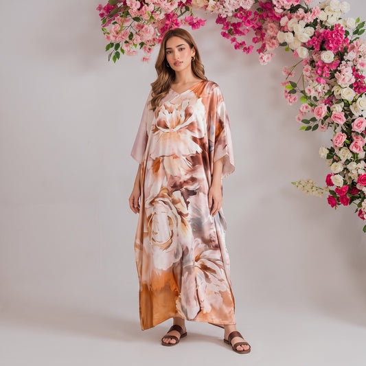 Myra Kaftan – terracotta floral print, front view