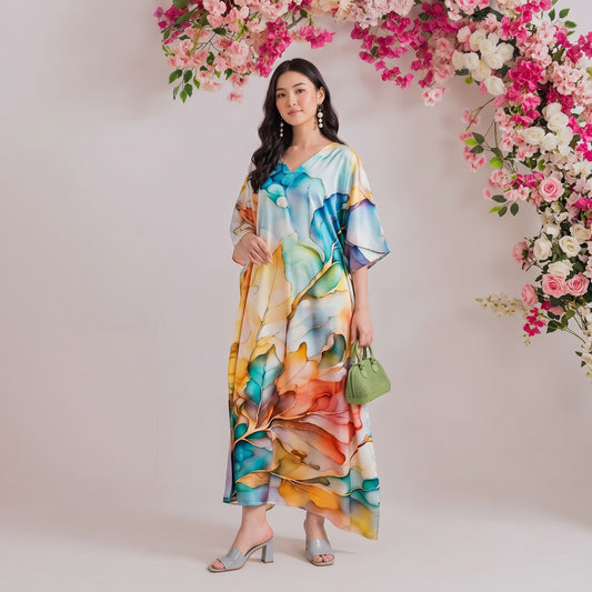 Esha Kaftan – blush pink floral print, front view