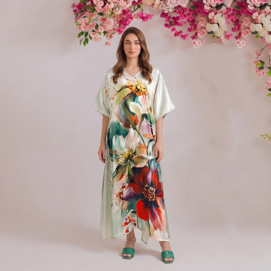 Ahana Kaftan – emerald & teal floral print, front view