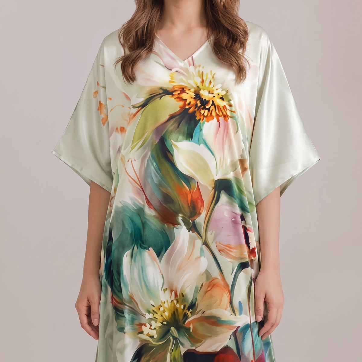 Ahana Kaftan – close-up of the emerald & teal floral print