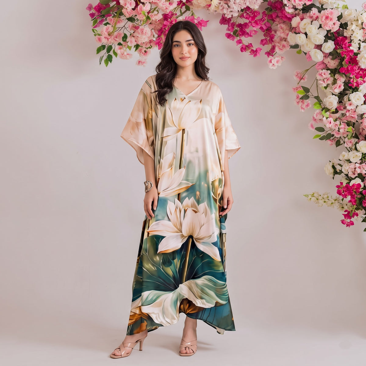 Anahita Kaftan – charcoal ombre floral print, front view