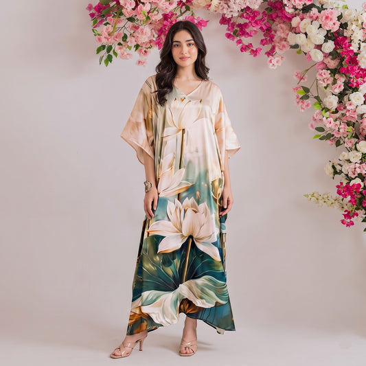 Anahita Kaftan – charcoal ombre floral print, front view