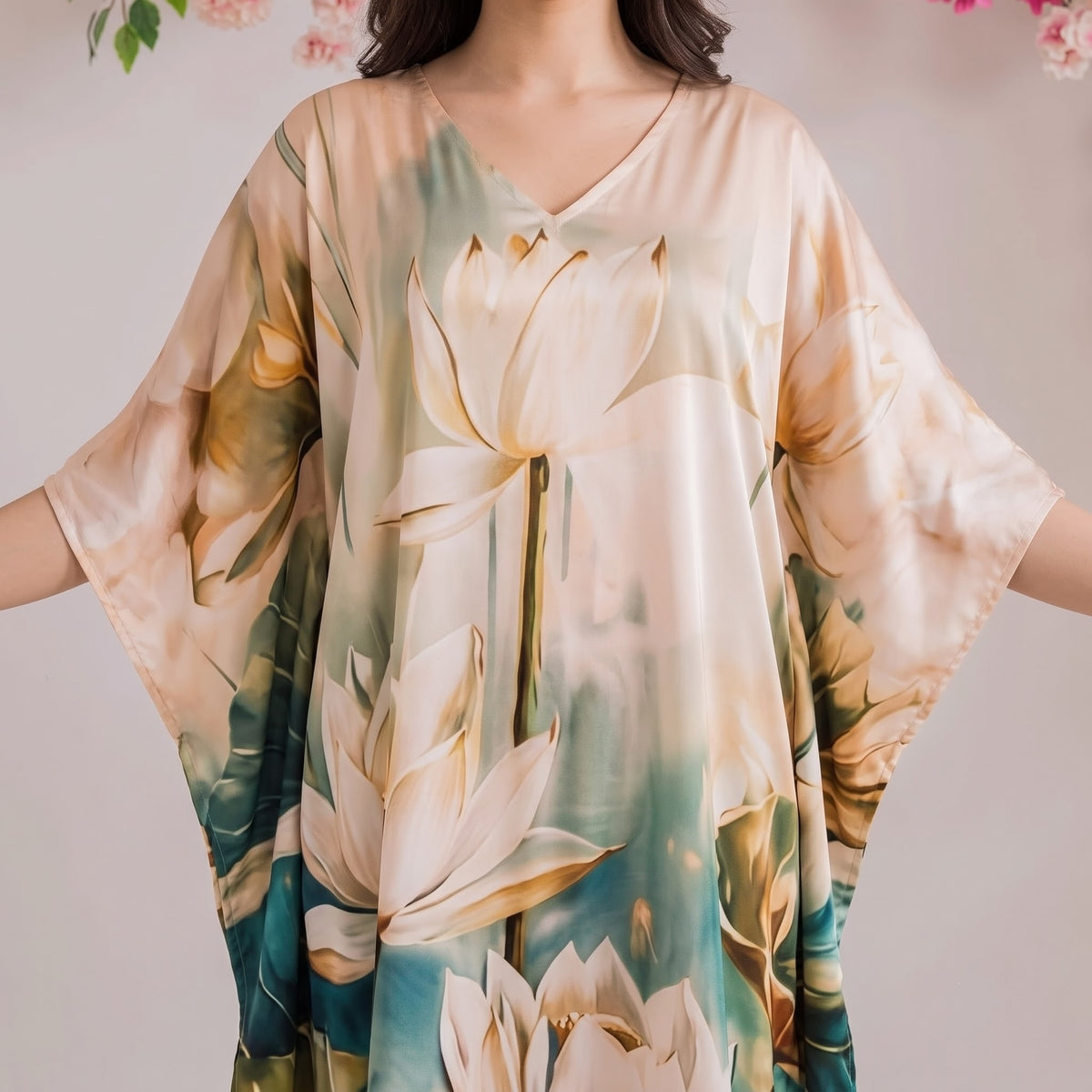 Anahita Kaftan – close-up of the charcoal ombre floral print