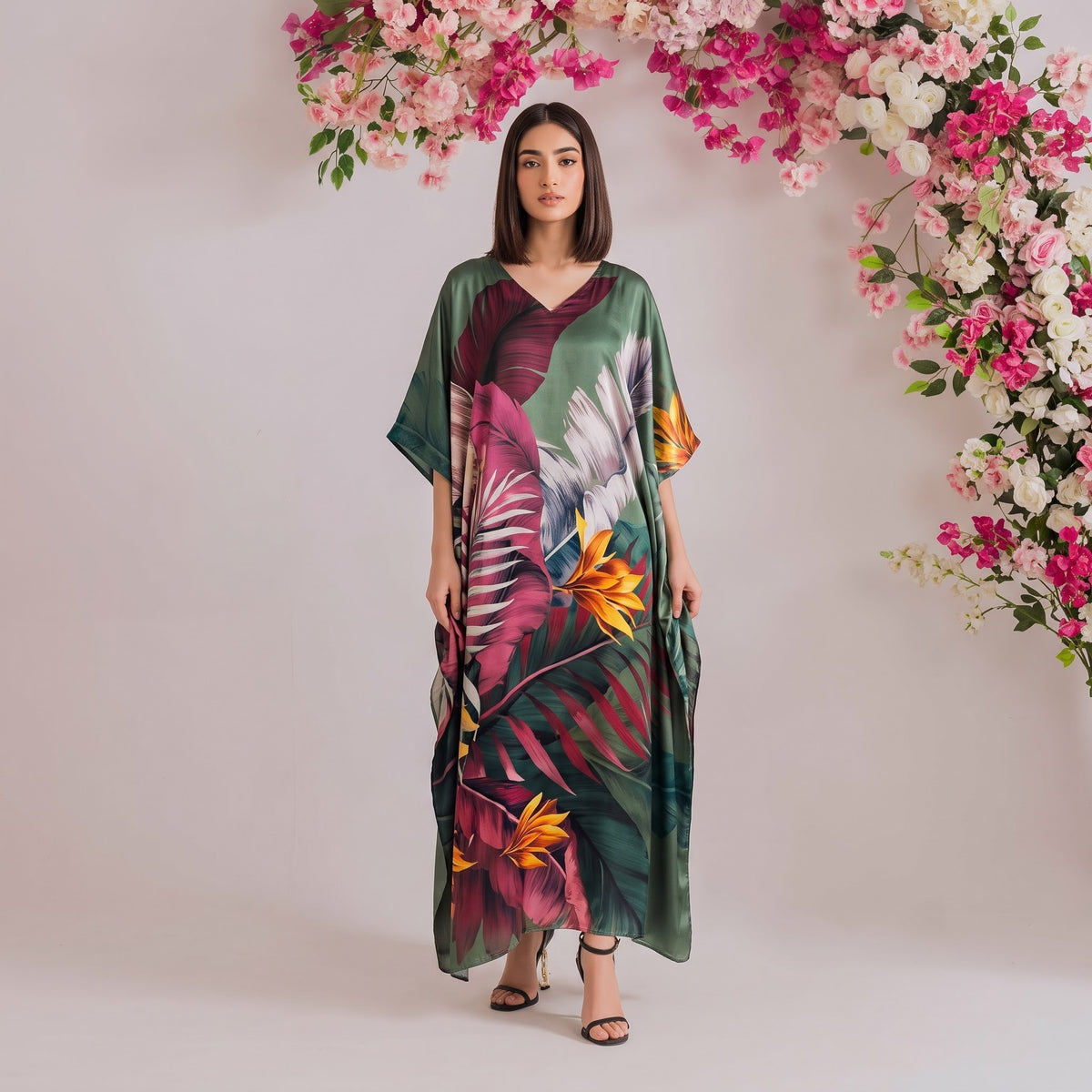 Freya Kaftan – sage green floral print, front view