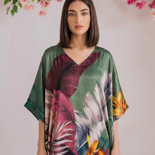 Freya Kaftan – close-up of the sage green floral print