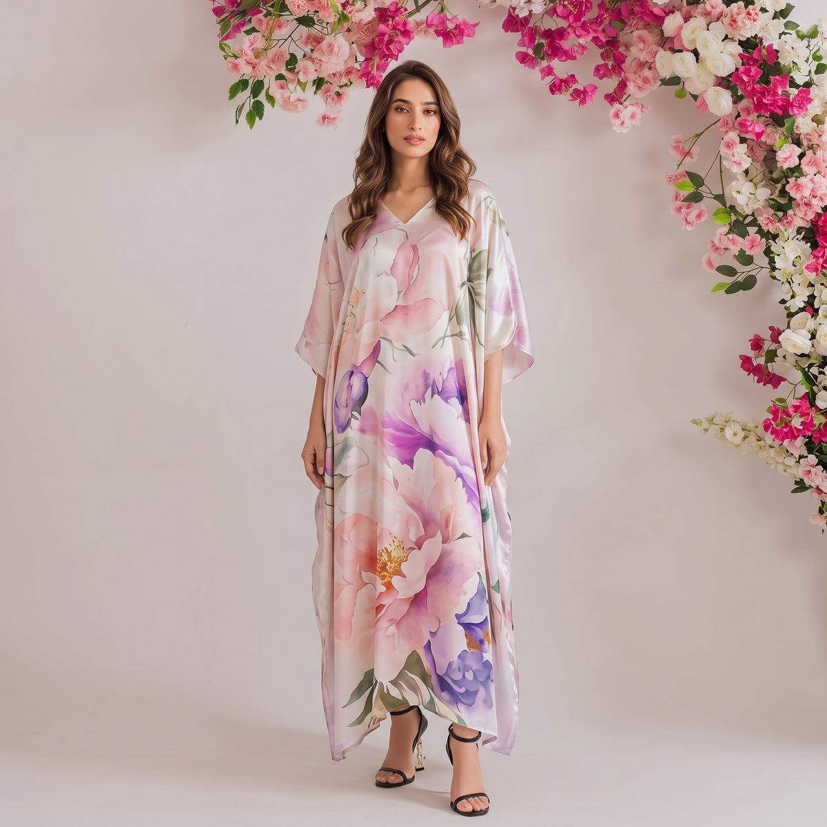 Neva Kaftan – blush pink floral print, front view