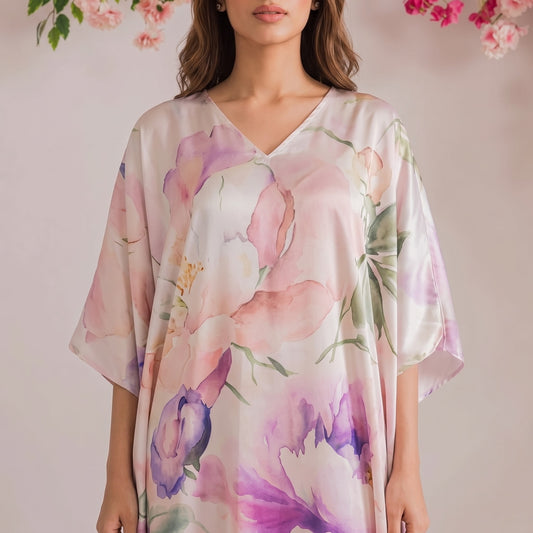 Neva Kaftan – close-up of the blush pink floral print