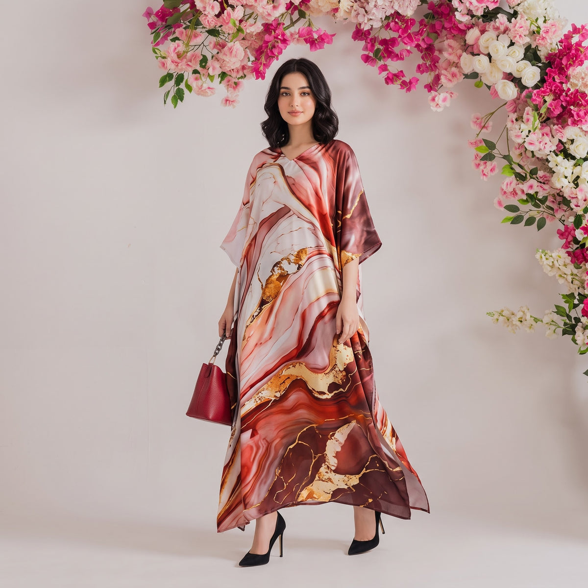 Sera Kaftan – sage green floral print, front view