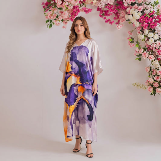 Talia Kaftan – multicolor abstract floral print, front view